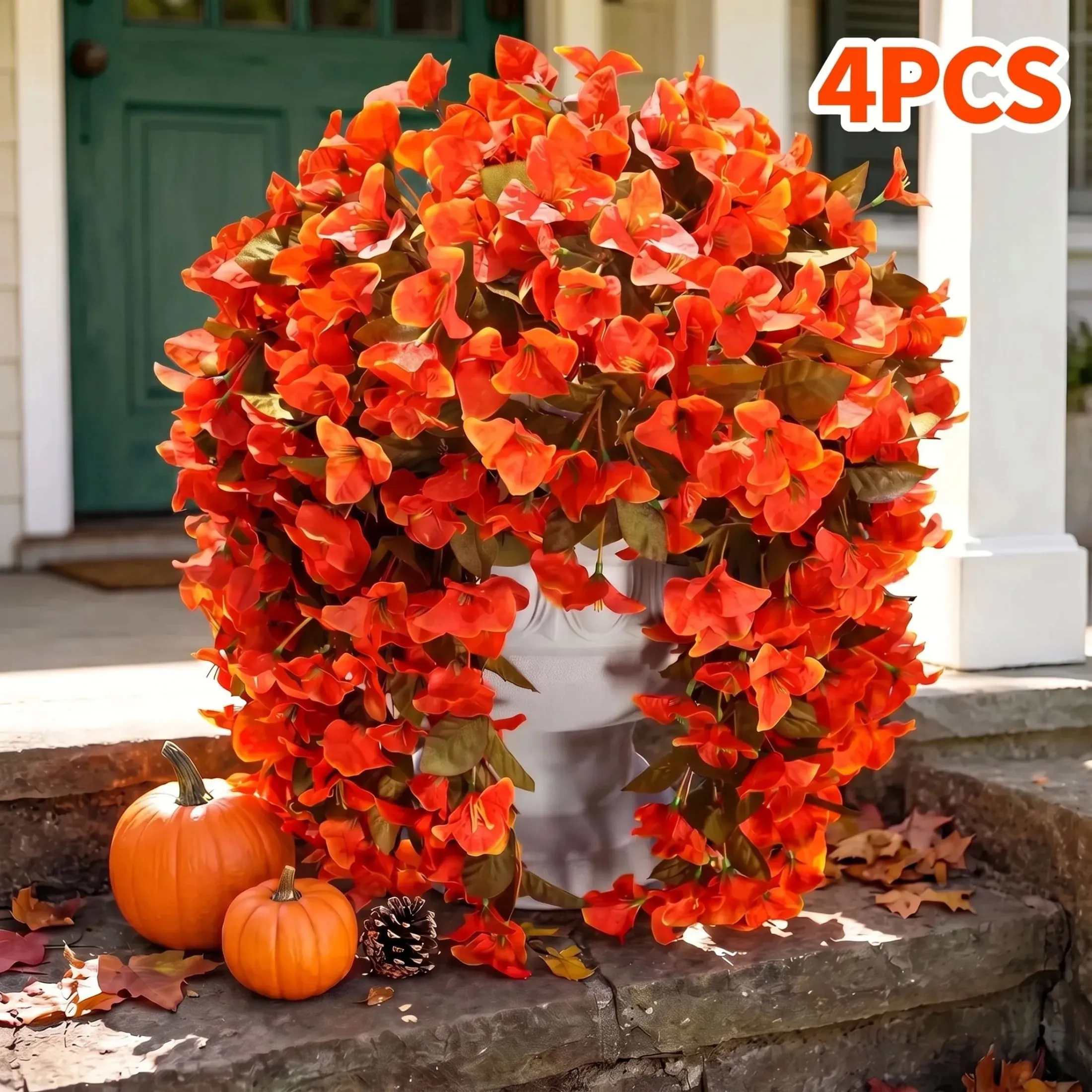 Artificial Fall Hanging Flowers Outdoors, 4 Pcs Autumn Fake Faux Bougainvillea Silk Flowers Plants (2-Pack)